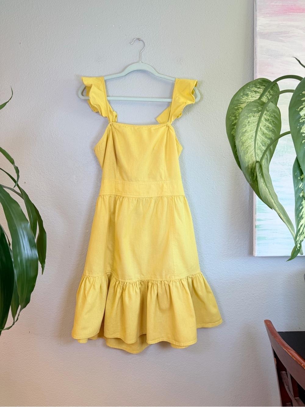 Chelsea and Violet Butter Yellow Linen Cotton Ruffled Tiered Tie Back Dress L